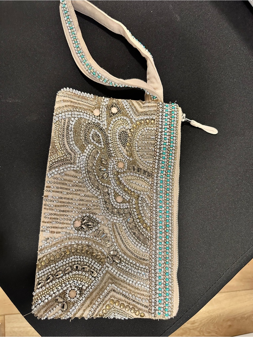 Accessorize Beige Clutch with Turquoise Bead Trim